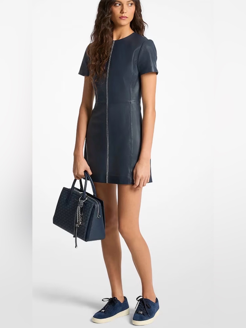 NWT Michael Kors Leather Mini Dress Midnight Blue Lamb Leather Sz 8